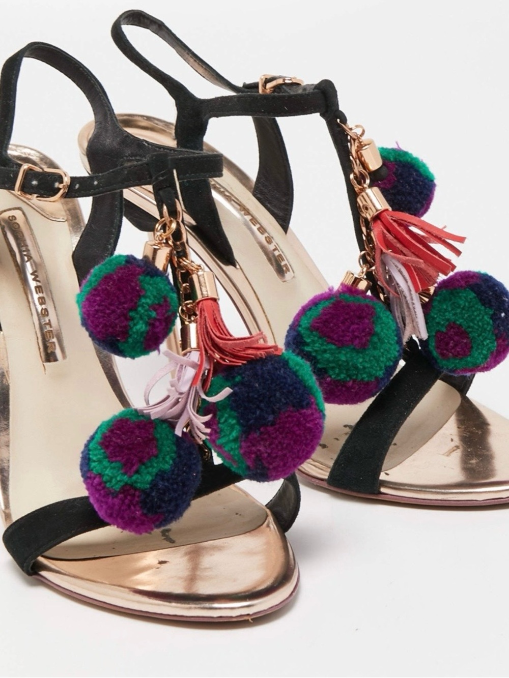 Sophia Webster Black Suede T-Strap Heels with Colorful Pom-Pom Tassels